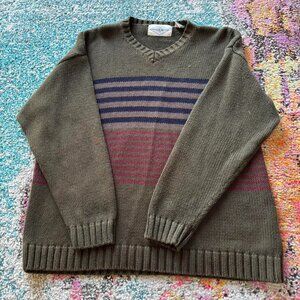 Vintage Green V-Neck Knit Sweater – Grunge Striped Color Block Cozy Pullover | B